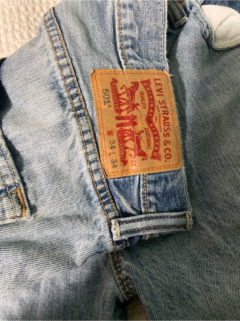 Men’s 501’s Levi's Light Blue and Dark Blue Denim Jeans with Tan Leather Patch